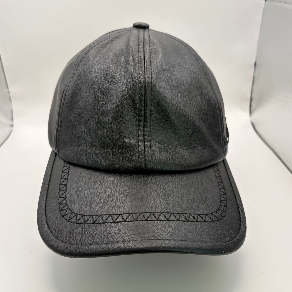 Black faux Leather Baseball Cap Mens Womens Adjustable Strap Stitched Detail